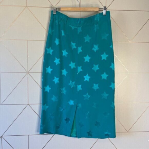 Vintage 100% Silk Star Print Midi Skirt Teal - Picture 4 of 5